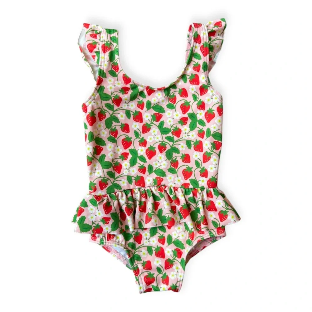 Baby Boden Strawberry Swimsuit Ruffle One Piece Girls 3-6M Flutter Sleeve